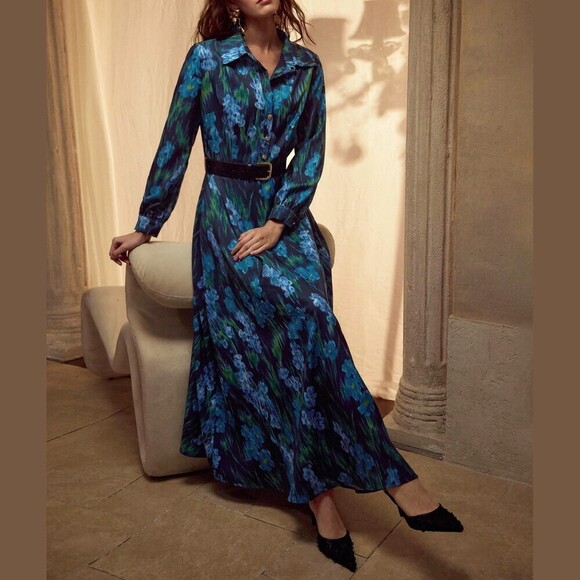 Dresses & Skirts - Blue Floral Print Maxi Shirt Dress with Collar